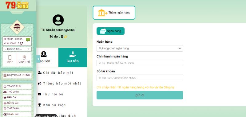 Nhập đầy đủ thông tin rút tiền 79King vào biểu mẫu
